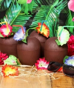 12-Pack Juvale Coconut Cups with Straws & Hawaiian Hibiscus Flower Decorate, 16oz Food Grade PVC Cup, Ideal for Tropical Luau Party Supplies