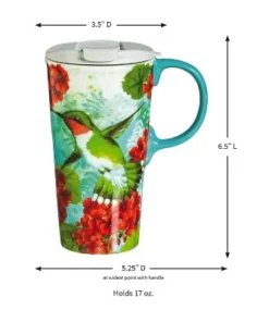 Evergreen Hummingbird Trio Ceramic Travel Coffee Mug, 17 ounces