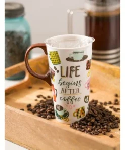 Evergreen Ceramic Travel Cup, 17 OZ.,w/box and Tritan Lid, Life Begins After Coffee