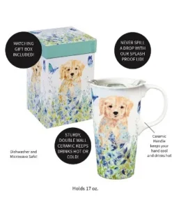 Evergreen Ceramic Travel Cup, 17 OZ. ,w/box and Tritan Lid, Puppies in the meadow -Water Bottles Shop unnamed file 2598