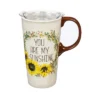 Evergreen Ceramic Travel Cup, 17 OZ.,w/box and Tritan Lid, You are my Sunshine