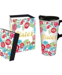 Evergreen Sister Ceramic Travel Coffee Mug, 17 ounces