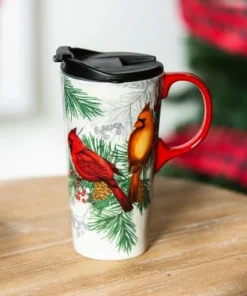 Evergreen Ceramic Travel Cup, 17 OZ. ,w/box, Christmas Cadence