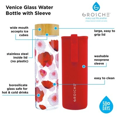 GROSCHE VENICE Eco-Friendly Glass Water Bottle with Bamboo lid and Protective Sleeve, 22.6 fl oz Capacity, Red Poppy 4 GROSCHE VENICE Eco-Friendly Glass Water Bottle with Bamboo lid and Protective Sleeve, 22.6 fl oz Capacity, Red Poppy - Image 2