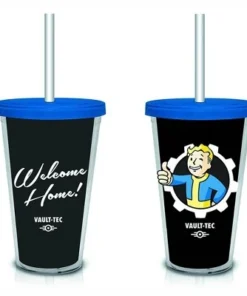Just Funky Fallout "Welcome Home" Vault-Tec (Black) 18oz. Travel Cup with Straw